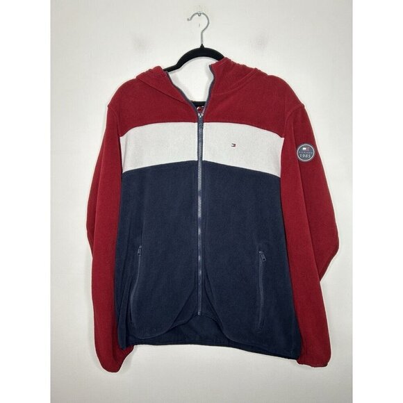 Tommy Hilfiger Men's Full Zip Blue Red Vintage Fleece Hoodie Size XL - Picture 1 of 7